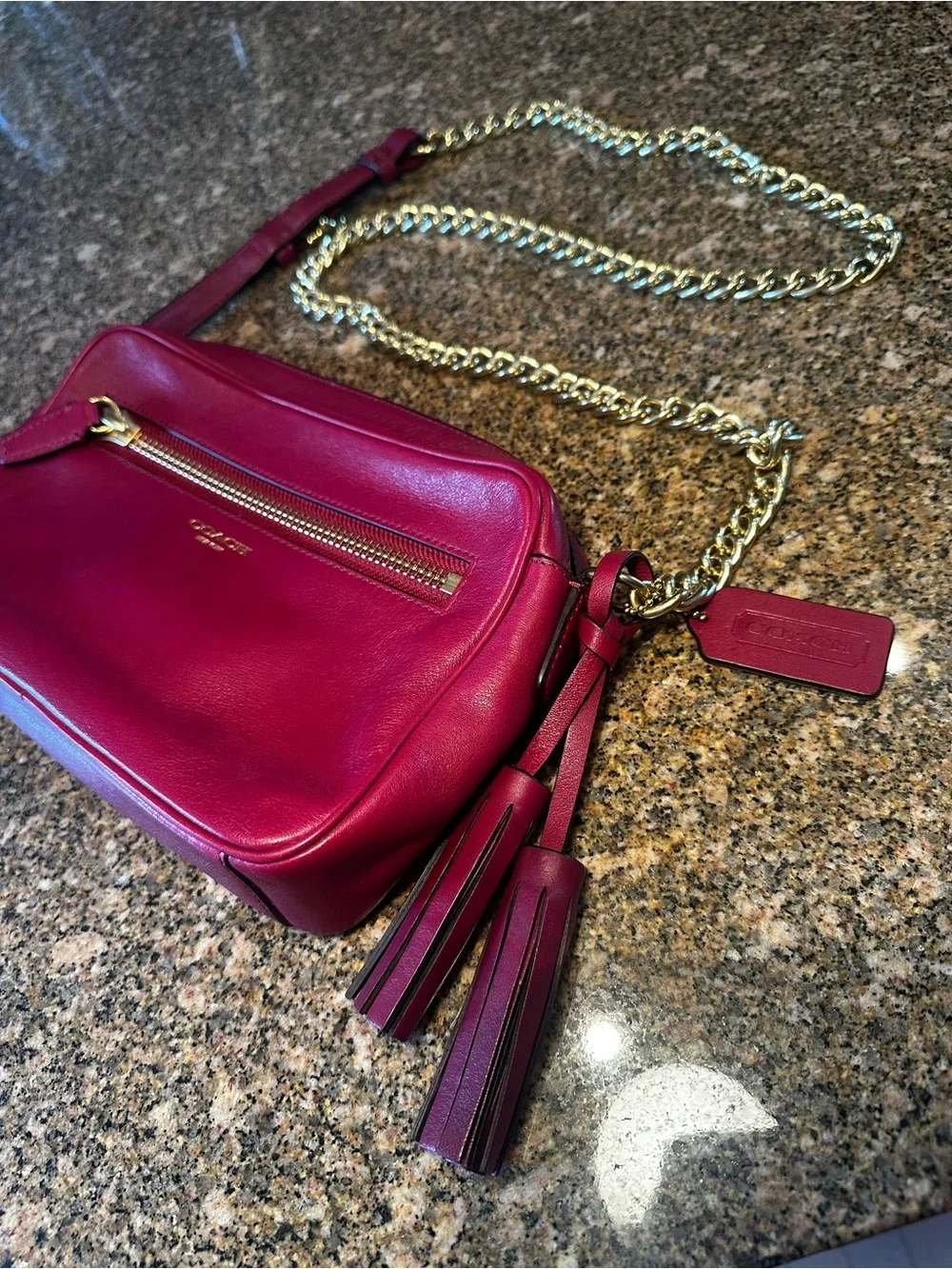 Coach Port Wine Color Leather Crossbody Bag Gold Chain C1394-25362